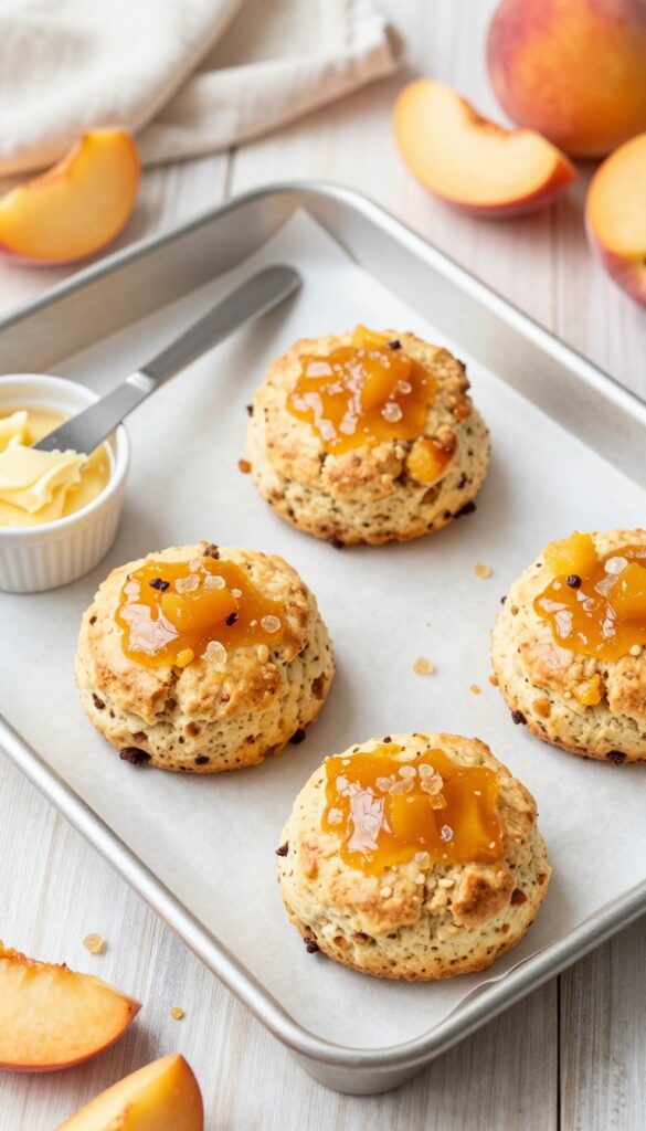 Golden peach and ginger scones on a baking tray with honey butter, warm natural light, photorealistic food photography.