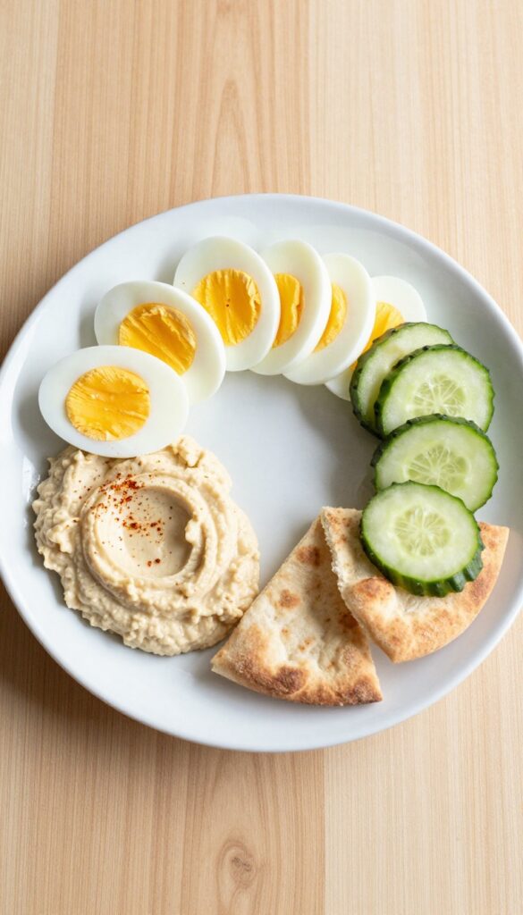 Mediterranean breakfast plate with sliced hard-boiled eggs, hummus, cucumber, and pita bread