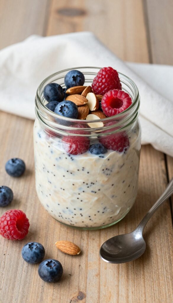 A jar of overnight oats with berries and almonds on a wooden table in natural light.