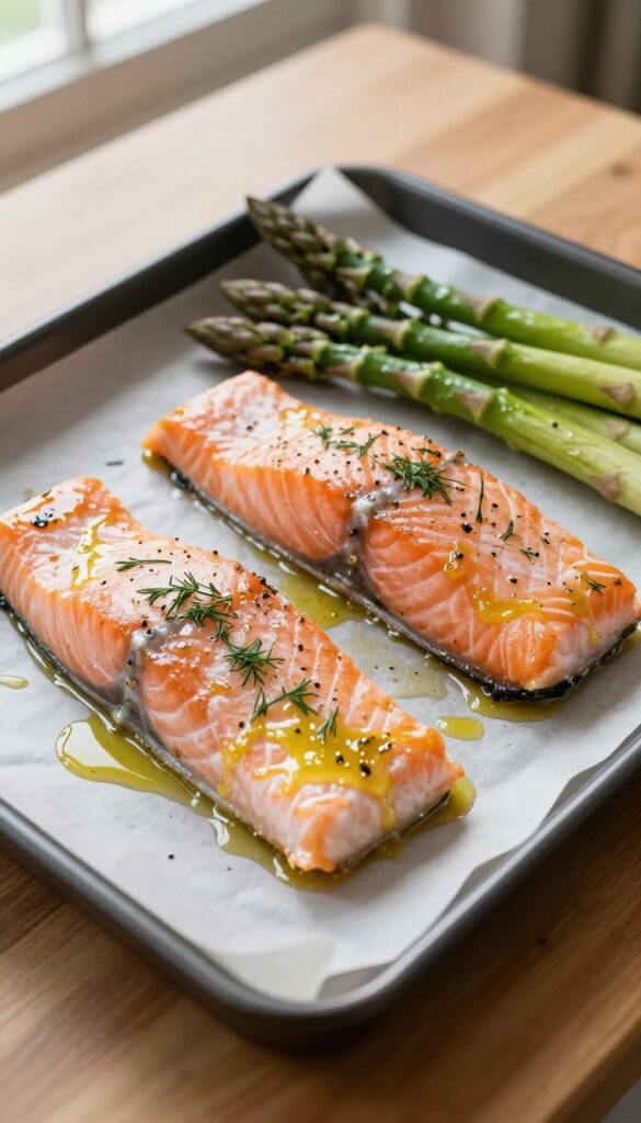 Raw salmon fillets and asparagus on a baking sheet with lemon-garlic oil mixture