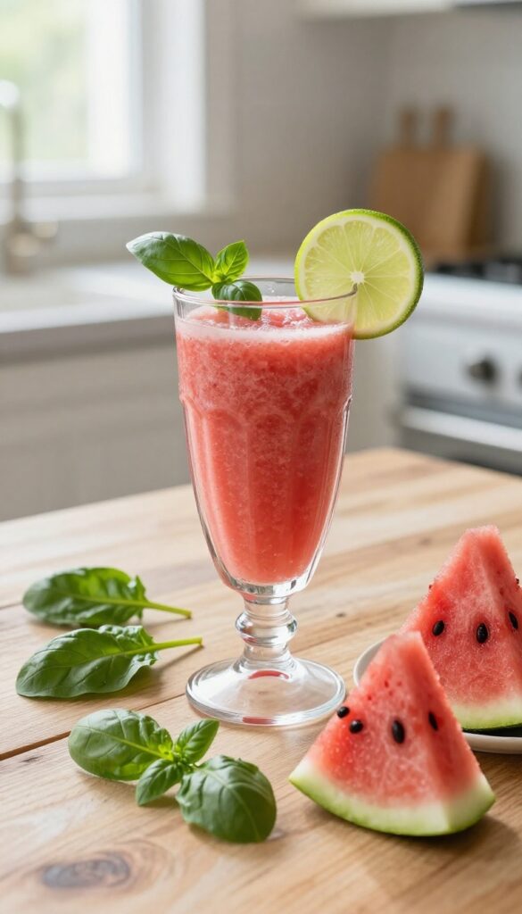 A glass of watermelon basil green smoothie on a wooden table with fresh ingredients nearby