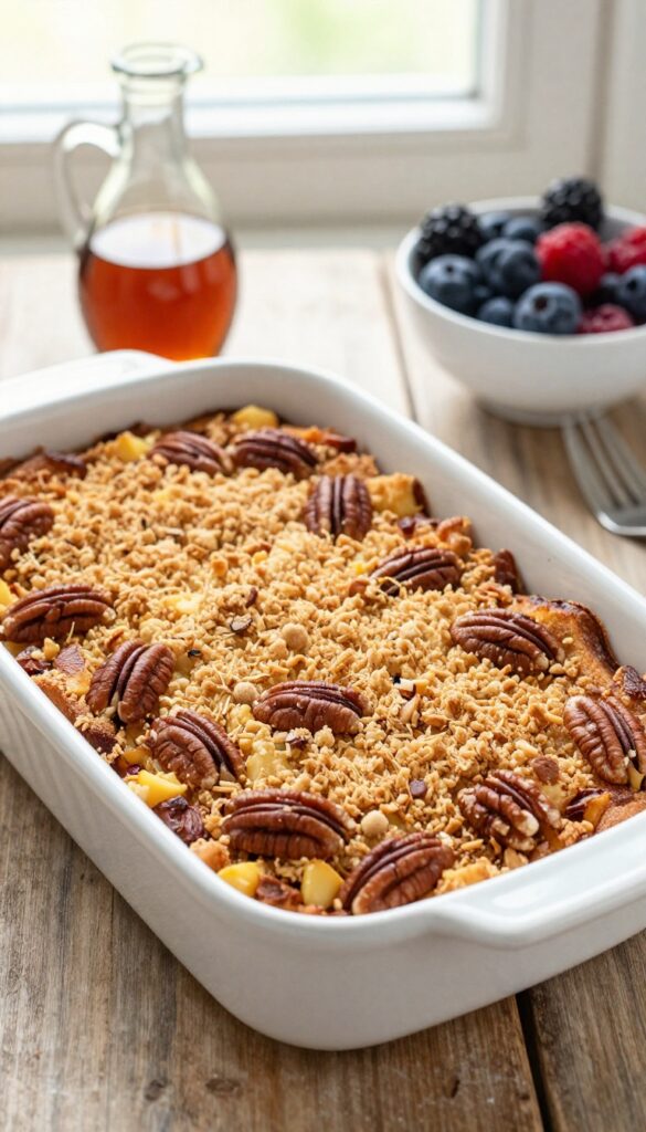 Vanilla bean French toast casserole with streusel topping, served with maple syrup and fresh berries.