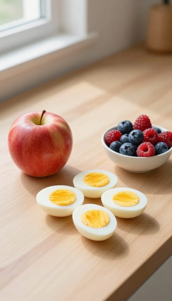 Hard-boiled eggs and fresh fruit on a wooden counter