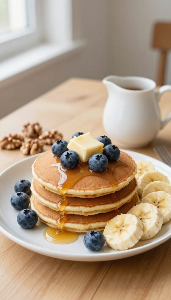 Stack of whole wheat honey pancakes with honey, butter, berries, and bananas on a plate