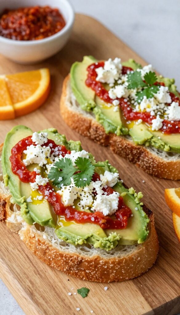 Harissa and feta avocado toast on sourdough with orange slices