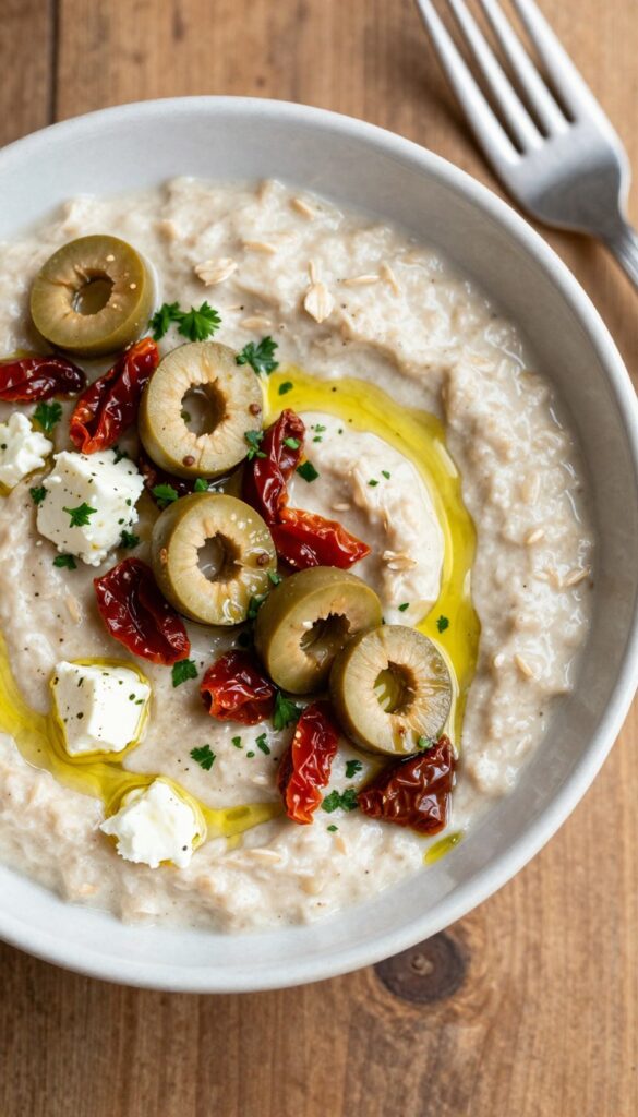 Bowl of savory Mediterranean oatmeal topped with feta, olives, sun-dried tomatoes, and parsley.