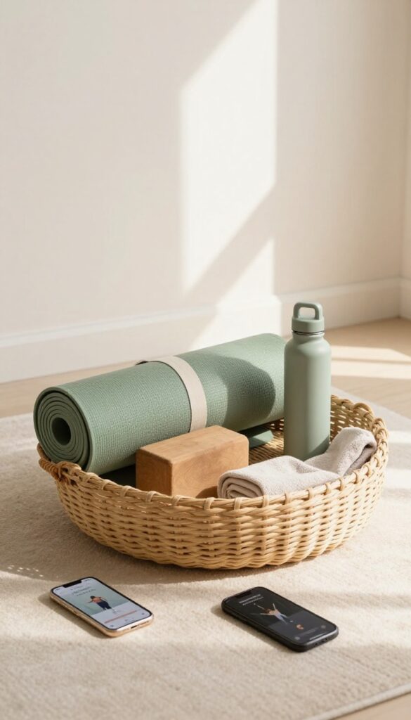 A self-care gift basket featuring yoga essentials like a mat, blocks, strap, eye pillow, water bottle, and towel in a bright, serene setting.