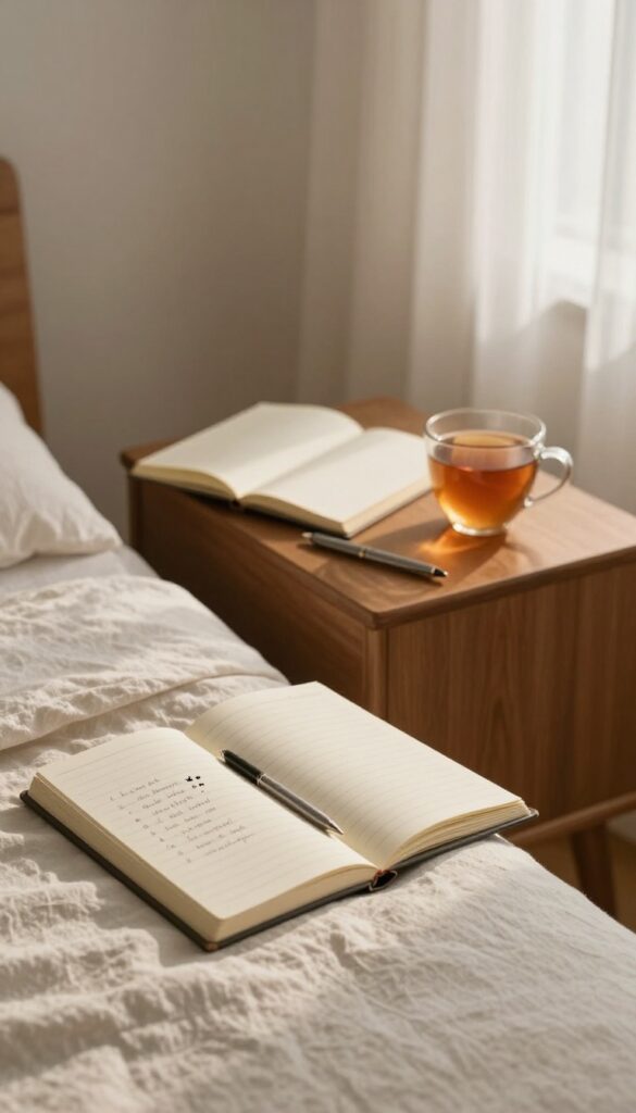 Cozy bedroom with open notebook and pen on nightstand, soft natural light, calm atmosphere