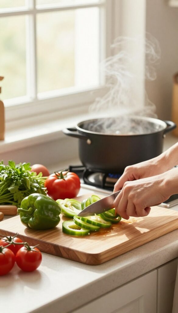 Hands chopping fresh vegetables on a wooden board with a simmering pot in the background, warm natural light, cozy kitchen scene.