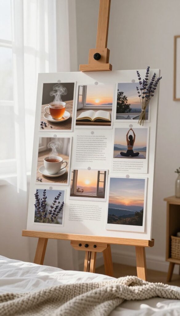 A vision board for a dream morning routine displayed on an easel in a sunlit bedroom, featuring images of tea, yoga, journaling, and sunrise.