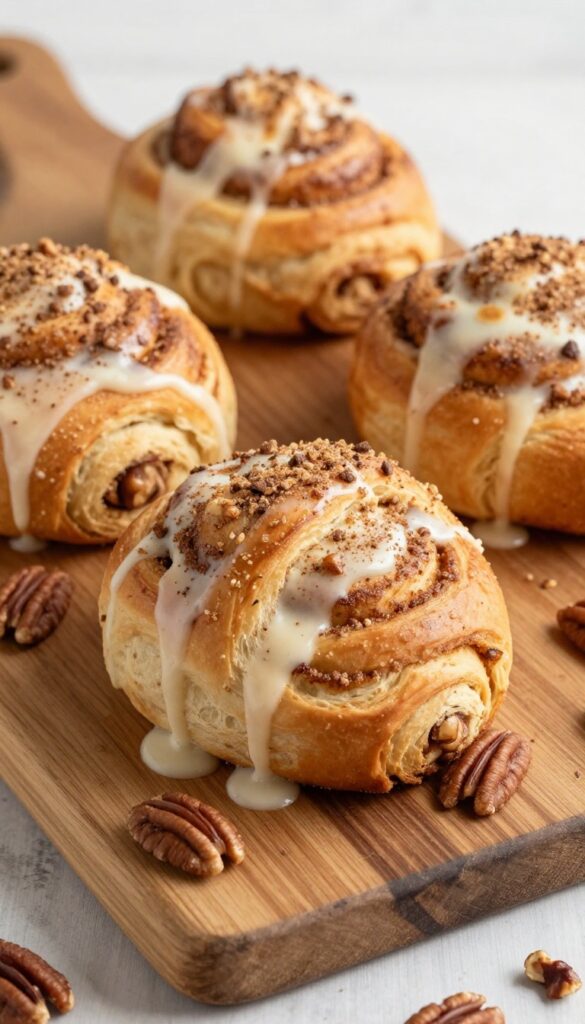 Sticky cinnamon roll pull-apart bread with cream cheese glaze and pecans on a wooden board