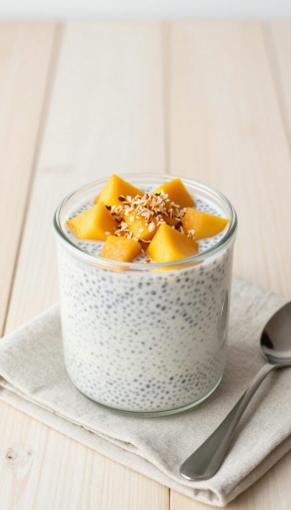 Overnight chia pudding with mango and coconut in a jar on a wooden table