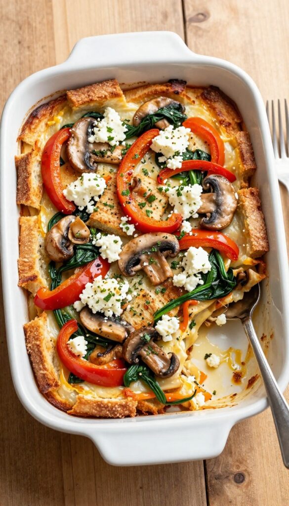 A baked strata with bread, vegetables, and feta cheese in a ceramic dish on a wooden table.