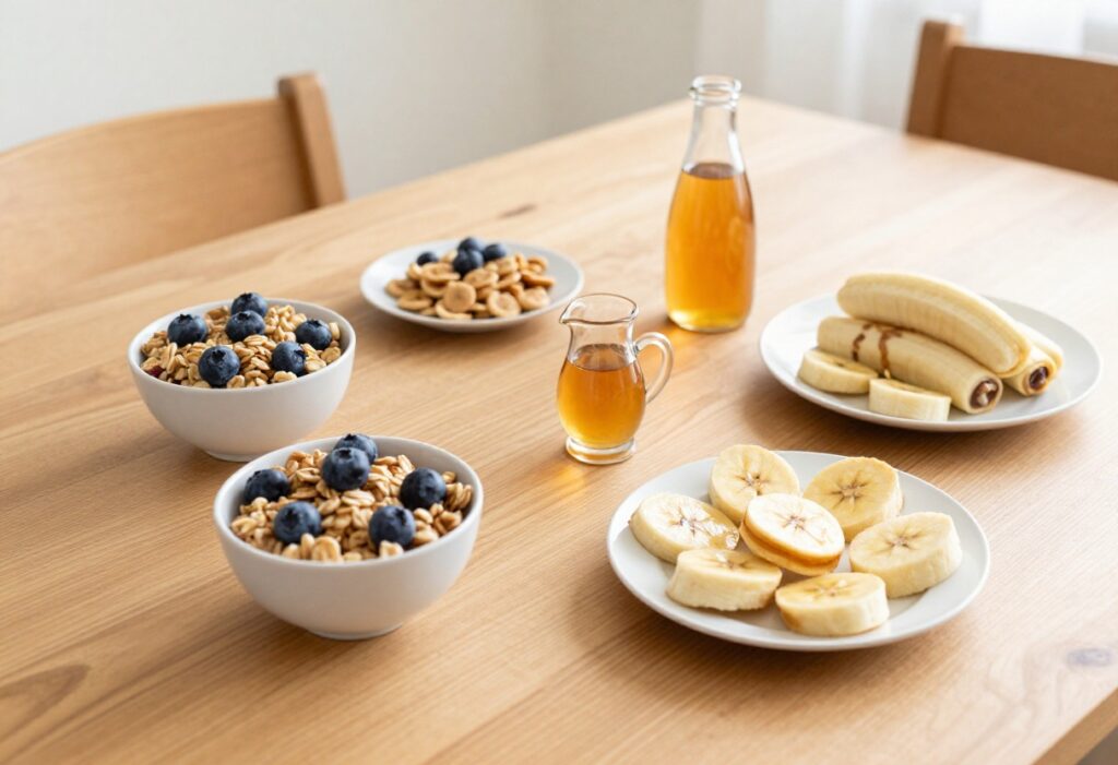 Toddler breakfast spread with blueberry oatmeal cups, mini pancake cereal, and peanut butter banana roll-ups on a wooden table.