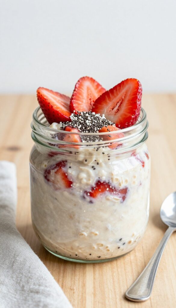 Strawberry overnight oats in a jar with compote and chia seeds