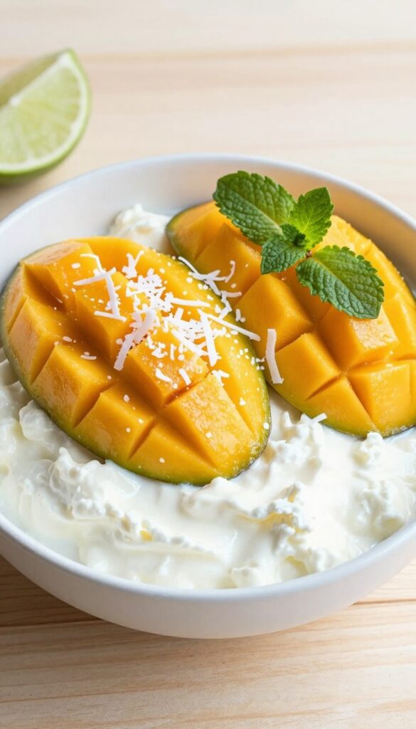 Tropical cottage cheese bowl with mango and lime