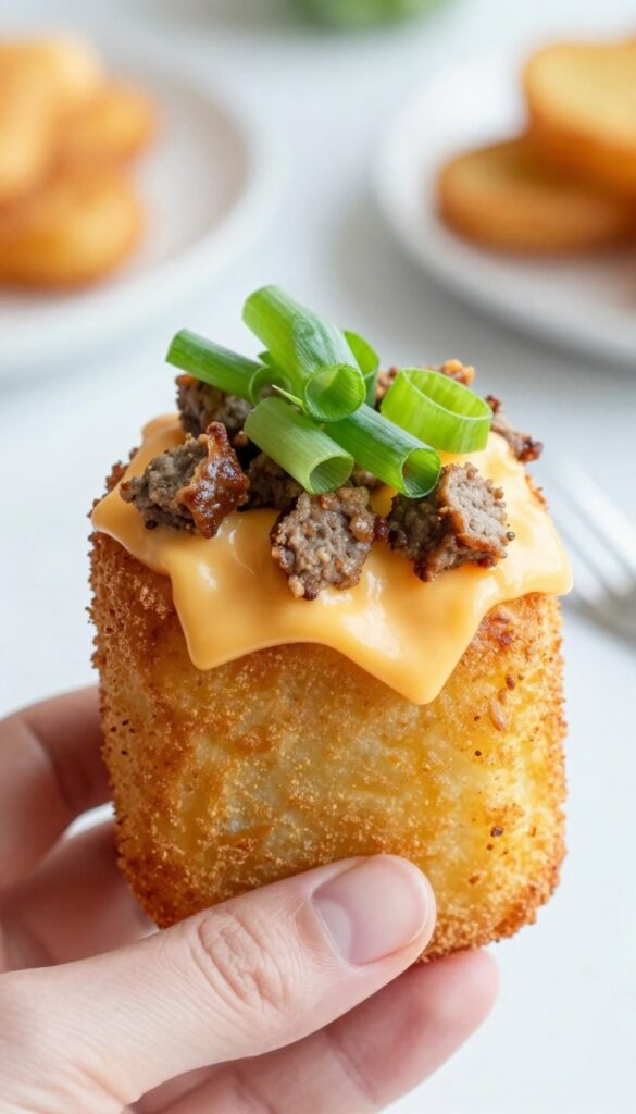 Crispy sausage and cheese hash brown cups from air fryer, golden and gooey, held in hand.