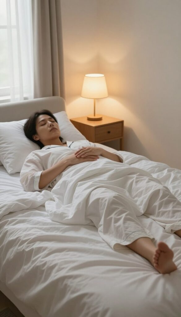 Person lying in bed practicing progressive muscle relaxation with soft lamplight and cozy bedding