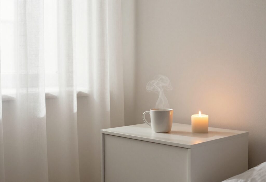 Cozy bedroom with morning light, mug, and candle