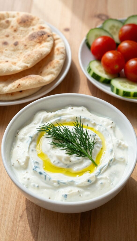 Bowl of tzatziki sauce with pita bread and fresh vegetables