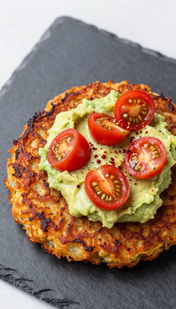 Crispy hash brown patty topped with mashed avocado, cherry tomatoes, and red pepper flakes
