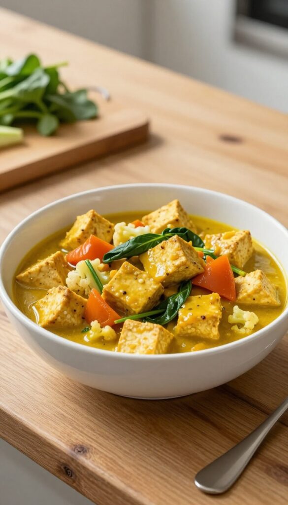 Bowl of tofu and vegetable curry with cauliflower rice on a wooden table