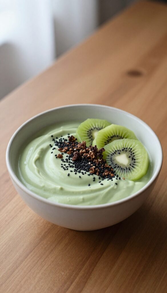 Matcha granola yogurt bowl with black sesame and kiwi slices