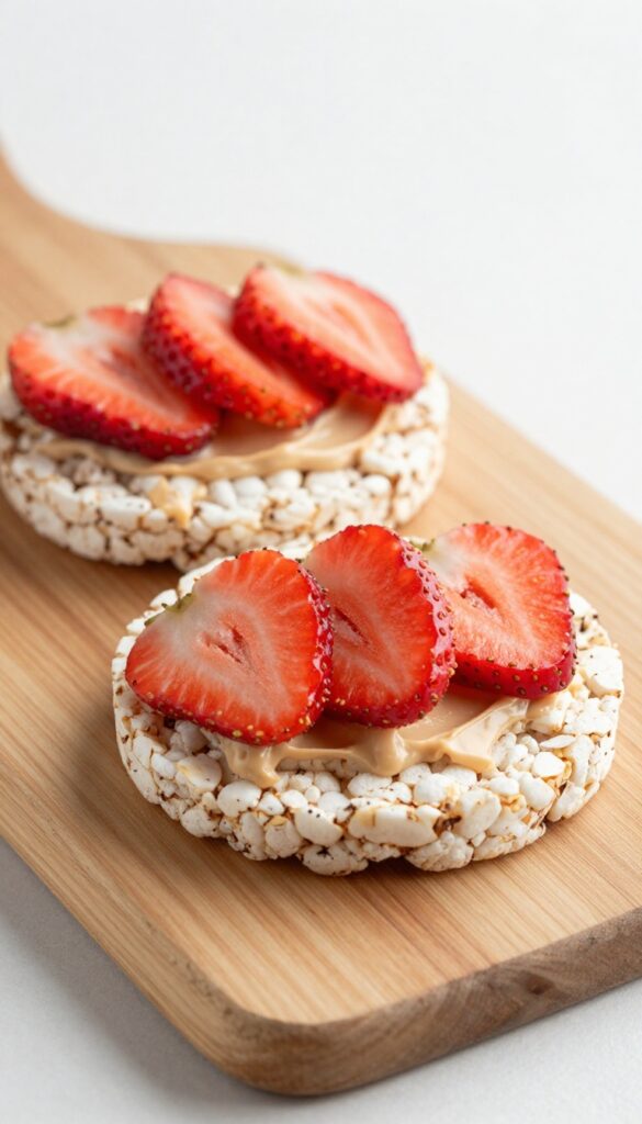 Rice cakes with almond butter and sliced strawberries