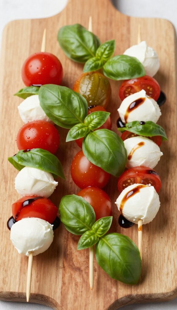 Caprese breakfast skewers with cherry tomatoes, mozzarella, and basil drizzled with balsamic glaze on a wooden board.
