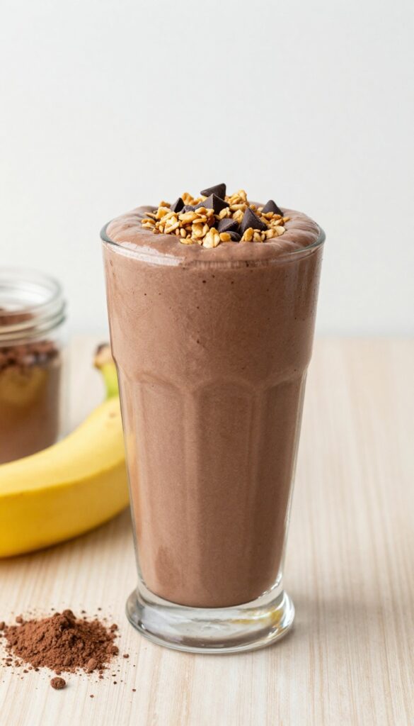Chocolate banana smoothie in a glass with granola and chocolate chips on a wooden table