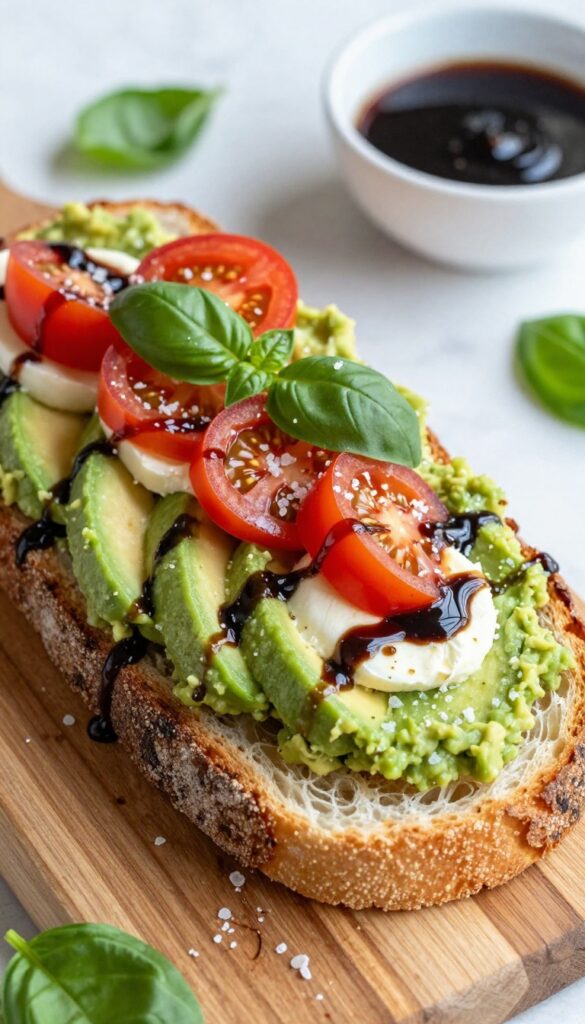 Caprese avocado toast with mozzarella, tomato, basil, and balsamic glaze on sourdough