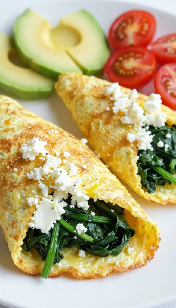 Spinach and feta omelette on a plate with avocado and cherry tomatoes