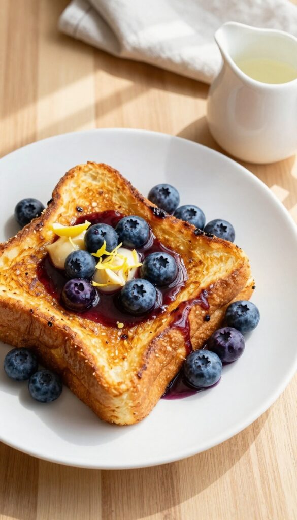 Blueberry Lemon French Toast with syrup and fresh berries