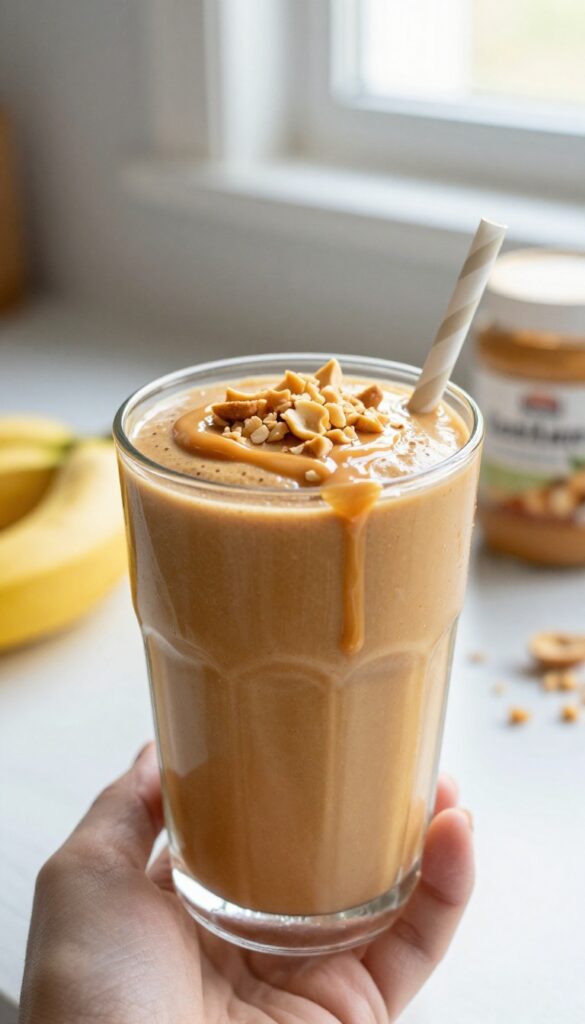 Creamy peanut butter banana smoothie in a glass with peanut butter drizzle and crushed peanuts on top, held in a hand in a sunlit kitchen.