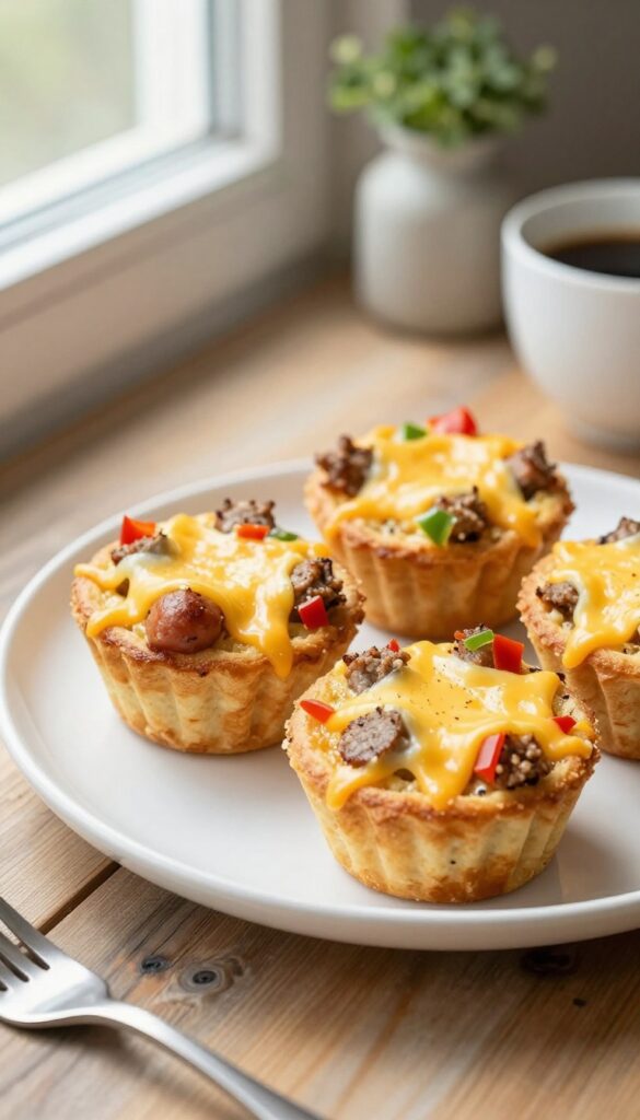 Sausage and egg muffin cups on a plate with melted cheese and bell peppers