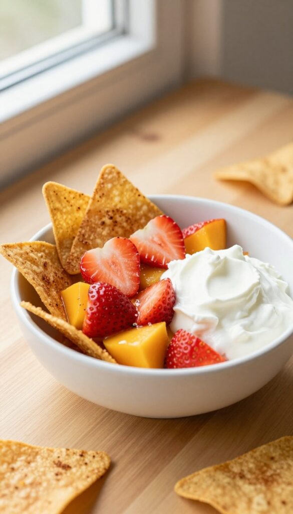 Cinnamon sugar tortilla chips with fresh mango-strawberry salsa in a bowl, on a wooden table