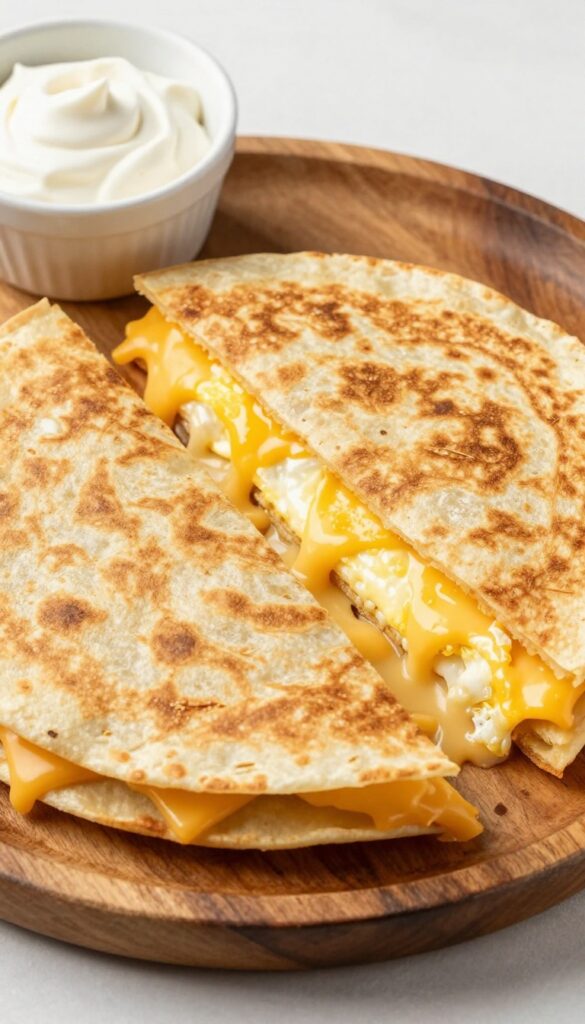 Cheesy egg quesadilla with melted cheese and runny yolk on a wooden plate with salsa and sour cream