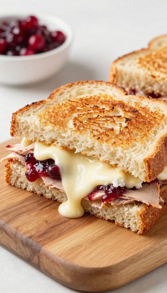 Turkey and cranberry breakfast panini sliced in half, showing melted brie and cranberry sauce, served on a wooden board with extra cranberry sauce for dipping.