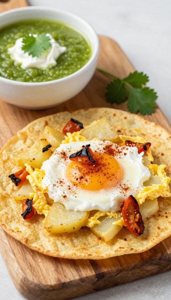 Slice of tortilla española with poblano and ancho chili powder on a wooden board with salsa verde and crema