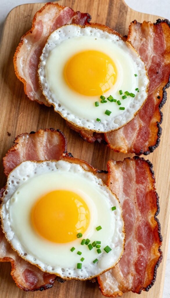 Crispy bacon cups with runny eggs garnished with chives on a wooden platter