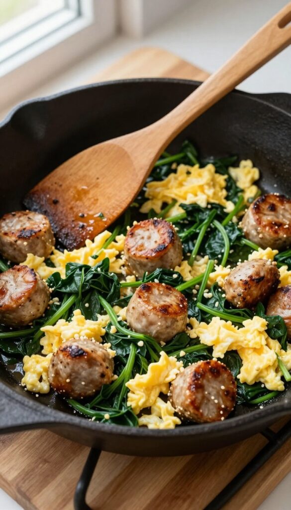 Egg and chicken sausage skillet with spinach in a cast-iron pan