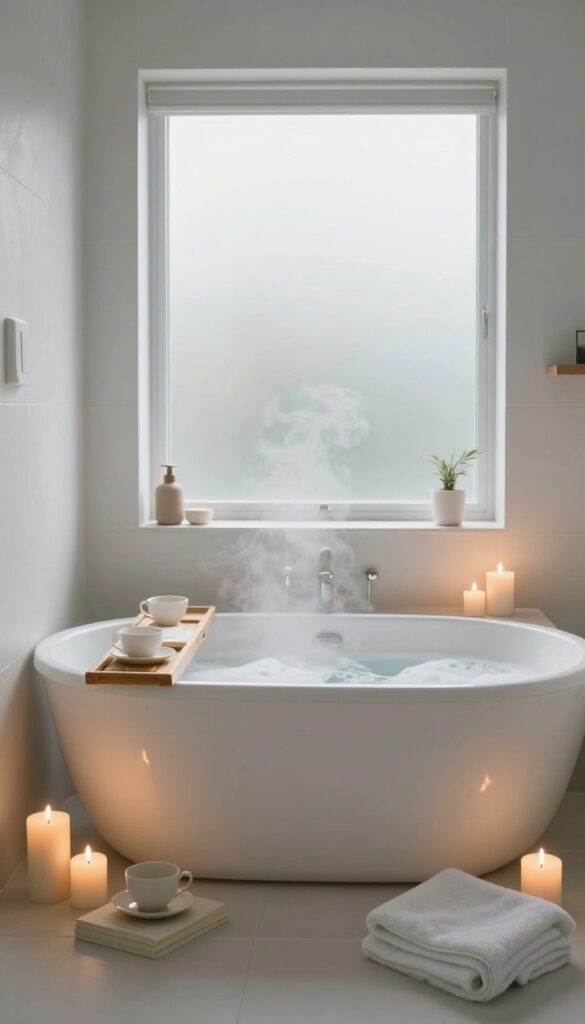 A warm bath with candles and a book, creating a peaceful self-care retreat.