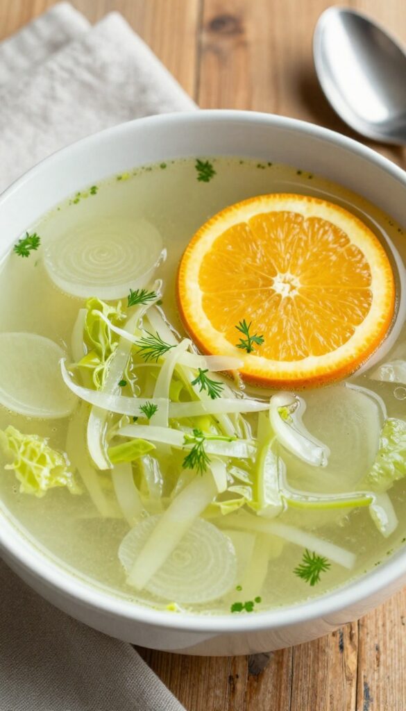 Bowl of cabbage soup with fennel and orange garnish on a wooden table