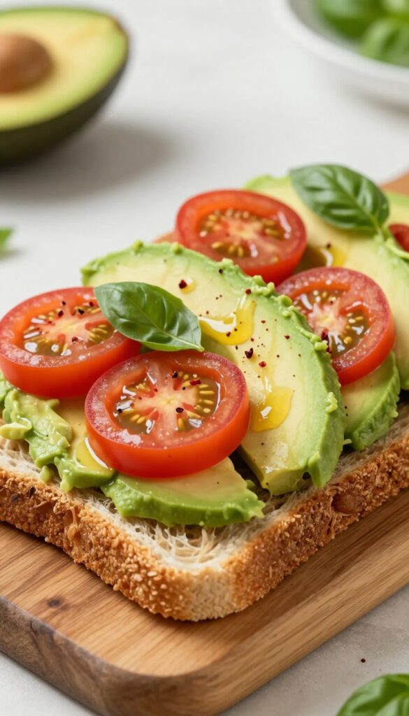 Avocado toast with tomato and basil on a wooden board in natural light