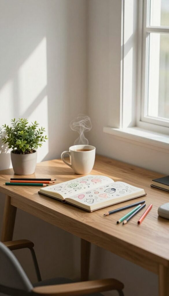 Creative time block self-care setup with sketchbook and pencils in sunlit corner