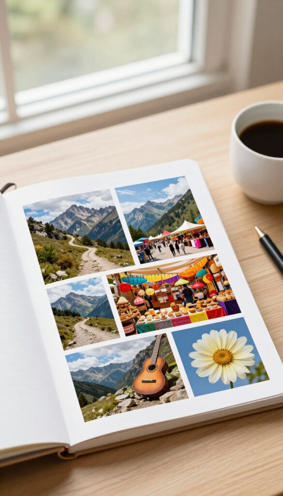 Vision board with travel and adventure images on a desk in natural light