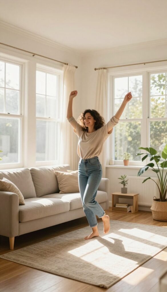 Woman dancing in a bright living room with natural light