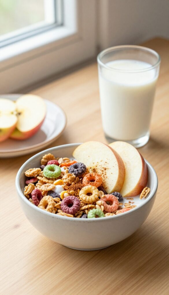 Bowl of cereal with sliced apples and cinnamon on a dorm desk