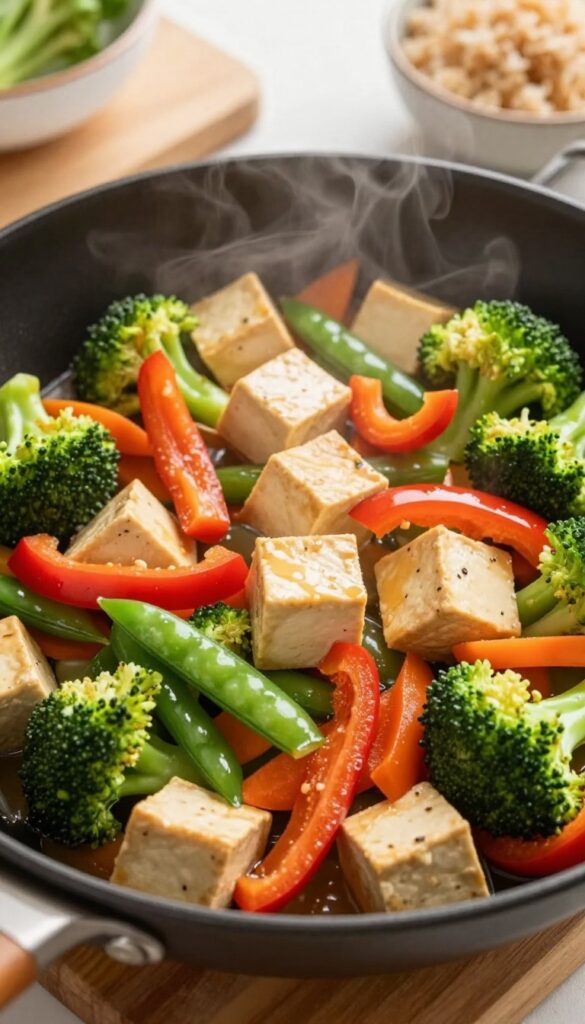 Vegetable stir-fry with tofu and brown rice in a wok
