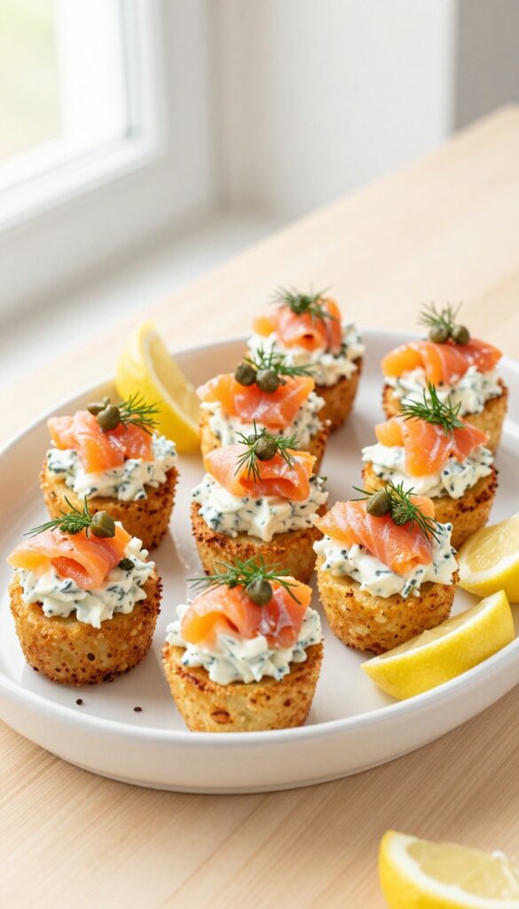 Golden crispy hash brown cups topped with creamy herbed cream cheese, smoked salmon, capers, and fresh dill on a white platter.